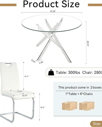 5 Piece Round Dining Table Set for 4, Modern Glass Kitchen Dining Room Table Set for 4, 47" Circle Silver Glass Metal Dining Table with 4 White PU Leather Dining Chairs for Kitchen Dining Room
