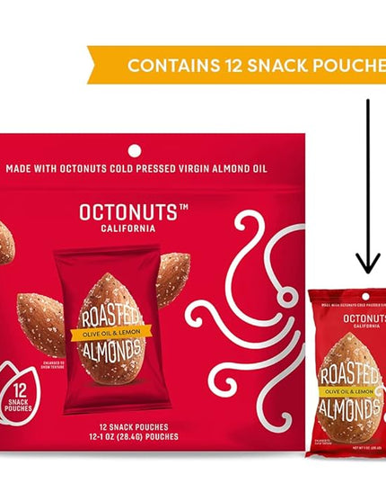 Octonuts Olive Oil & Lemon Almonds – 12 Individually Wrapped Snack Packs (1oz Each), Healthy Snacks for Adults and Kids, Non-GMO, Keto and Gluten-Free, Roasted in Cold Pressed Olive Oil
