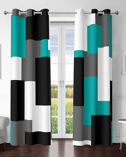Teal/Turquoise 100% Blackout Curtains for Bedroom 84 inch Length 2 Panels Set White Grey Modern Abstract Geometric Black Out Curtains Room Darkening Window Drapes for Living Room, 42Wx84L