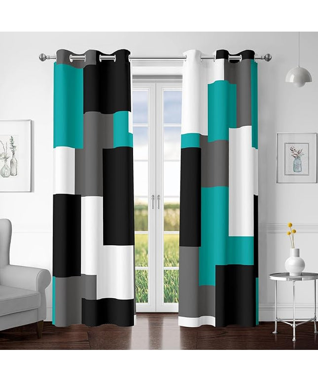 Teal/Turquoise 100% Blackout Curtains for Bedroom 63 inch Length 2 Panels Set White Grey Modern Abstract Geometric Black Out Curtains Room Darkening Window Drapes for Living Room, 42Wx63L