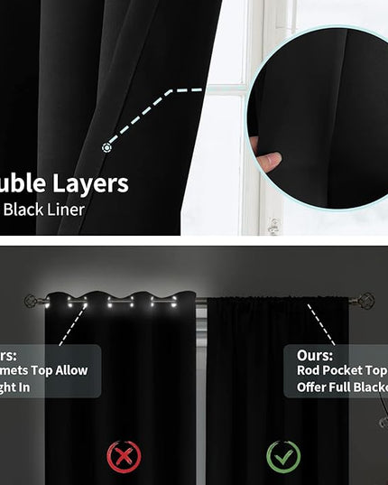 BGment Thermal Insulated 100% Blackout Curtains for Bedroom with Black Liner, Double Layer Full Room Darkening Noise Reducing Rod Pocket Curtain (52 x 63 Inch, Black, 2 Panels)