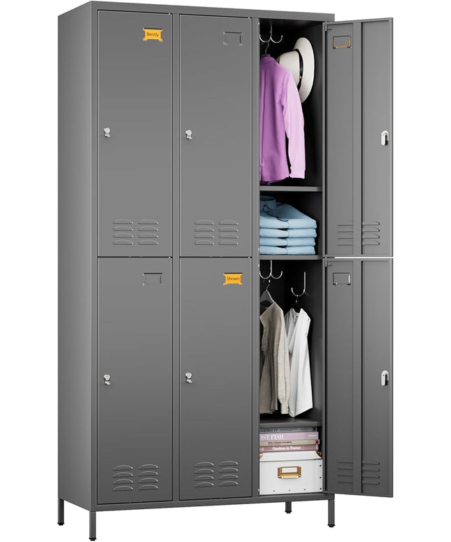 Aobabo Metal Locker for Employees, 6 Doors Metal Locker Cabinet with Lock, Industrial Storage with 18 Hooks, Storage for Office, Gym, Dormitory, Assembly Required, Dark Grey