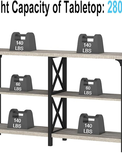 IBF Sofa Table, Modern Metal Wood 3 Tier Entryway Table, Industrial Console Table with Storage Shelves, Foyer Hallway Couch Table Behind Sofa for Living Room, Long Horizontal Bookshelf, Grey Oak, 55in