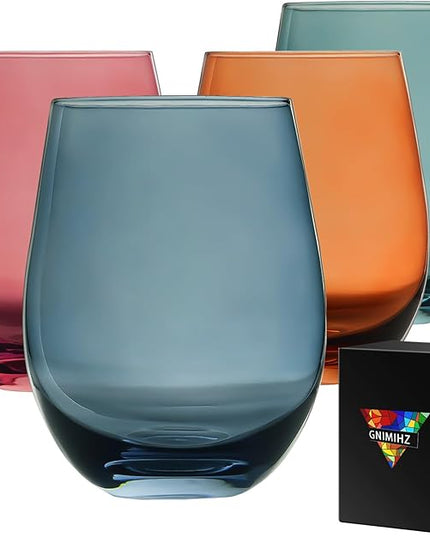 Colored Stemless Wine Glasses for Red or White Wine (Set of 4), 18-Ounces, Large Wine Glasses for Cabernet, Pinot Noir, Burgundy, Bordeaux (4color)