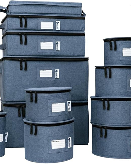 Hard Shell China Storage Containers 12-Piece Set Moving Boxes for Dinnerware, Glasses, Plates, Mugs and Saucers Sturdy Dish Organizer with Dividers for Seasonal Storage - Service for 12 - Denim Blue