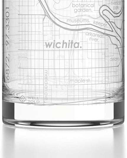 Well Told Engraved Wichita Kansas Map Rocks Glass, Old Fashioned Glassware (11 oz, Clear) Etched Bourbon Tumbler, Gifts For Whiskey Lovers
