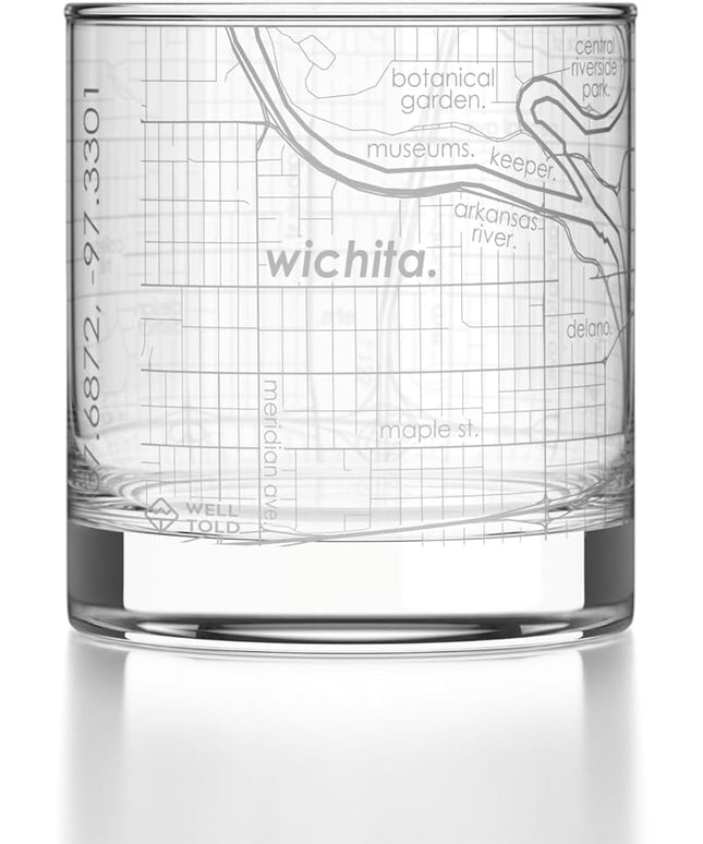 Well Told Engraved Wichita Kansas Map Rocks Glass, Old Fashioned Glassware (11 oz, Clear) Etched Bourbon Tumbler, Gifts For Whiskey Lovers
