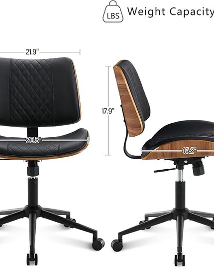 BV Small Desk Chair, Mid Century Office Chair with Bentwood Back, Armless Task Swivel Chair with Wheels, Mid Back No Arms, Faux Leather Office Chairs for Small Space, Black