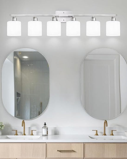 Brushed Nickel Vanity Light for Large Mirror, 6 Light Bathroom Lighting Fixtures Over Mirror with Milky White Frosted Glass Shades, 38 inch Bathroom Light for Mirrors, E26 Socket