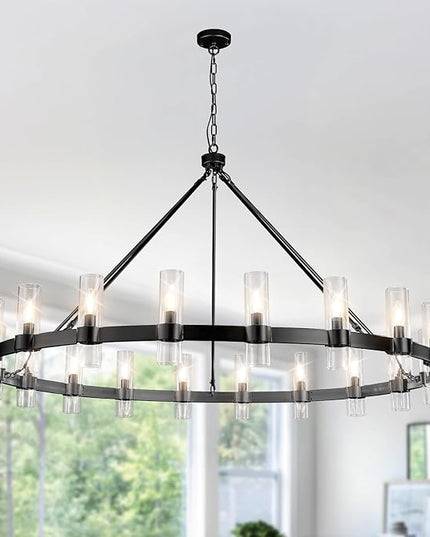 20-Light Large Black Wagon Wheel Chandelier with Glass Shades, 60 Inch Farmhouse Industrial Round Chandelier for High Ceilings, Pendant Lighting Fixture for Dining Living Room Kitchen Island Foyer