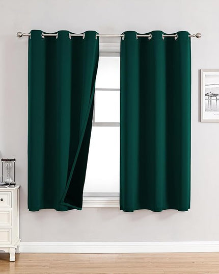ChrisDowa 100% Blackout Curtains for Bedroom with Black Liner, 2 Thick Layers Total Blackout Thermal Insulated Grommet Window Curtains 2 Panels Set (Forest Green, 42 x 63 Inch)