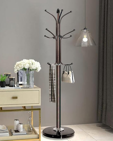 Kertnic Metal Coat Rack Stand with Natural Marble Base, Free Standing Hall Tree with 12 Hooks for Hanging Scarf, Bag, Jacket, Home Entry-way Hat Hanger Organizer (Bronze)