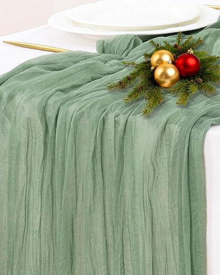 Socomi Sage Green Cheesecloth Table Runner Christmas Boho Rustic Farmhouse Gauze 120 inch 10FT Cheese Cloth Runner for Wedding Party Baby Shower Birthday Home Decor Holiday Decorations
