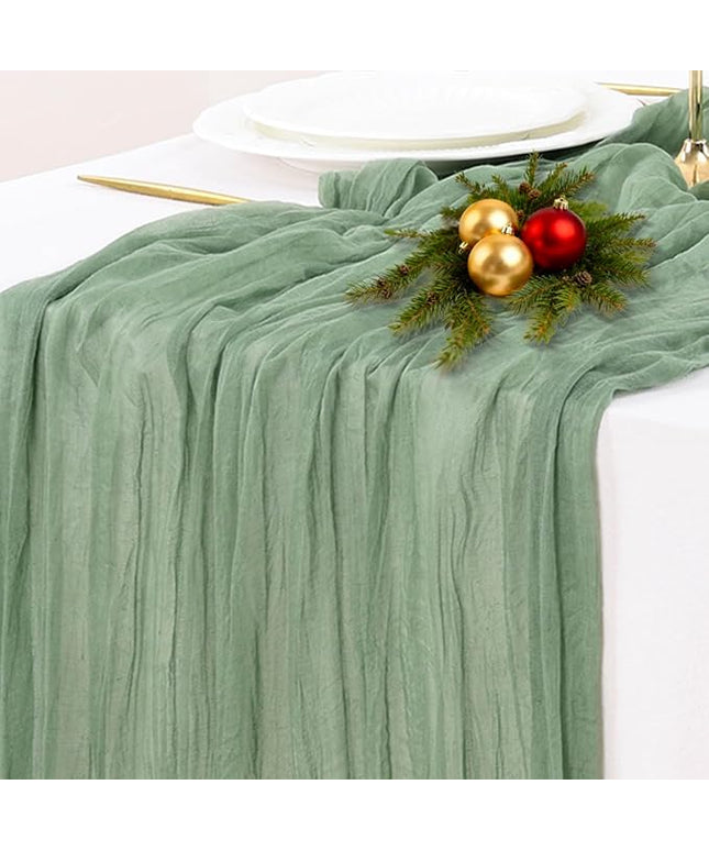 Socomi Sage Green Cheesecloth Table Runner Christmas Boho Rustic Farmhouse Gauze 120 inch 10FT Cheese Cloth Runner for Wedding Party Baby Shower Birthday Home Decor Holiday Decorations