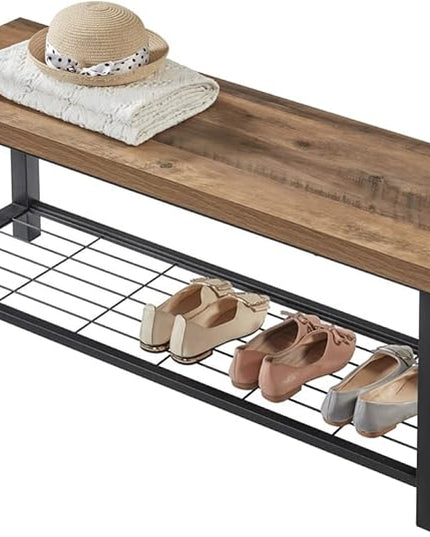 FOLUBAN Entryway Bench, Modern Shoe Storage Bench, Rustic Wood and Metal Entry Bench for Hallway Front Door Entrance, Industrial Indoor Bench for Bedroom Living Room, Oak, 43.3 Inch