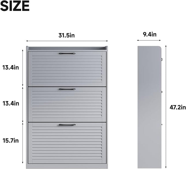 Maupvit Shoe Storage Cabinet with 3 Flip Louvered Doors, Freestanding Organizer with Metal Hinges, Shoe Cabinet for Entryway, Narrow Shoe Rack Cabinet, Noble Blue Gray