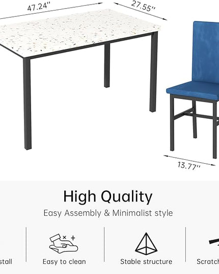 AWQM Dining Table Set for 4, Modern Marble Dining Table Set with 4 Upholstered Velvet Chairs,Dining Room Table Set for Kitchen, Breakfast Nook, Dining Room, Blue