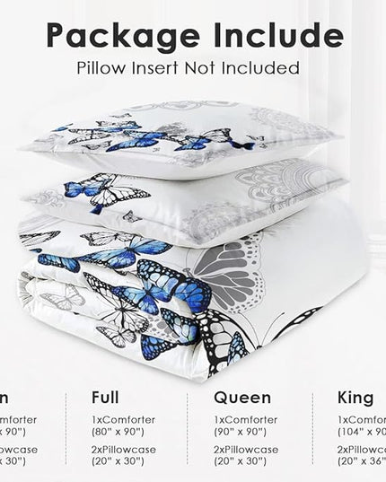 Full Size Comforter Set with 2 Pillowcases, Summer Spring Blue Butterfly 3 Pcs Bedding for Kids and Adults, Abstract Circular Mandala Floral Soft Comforter Set for Bedroom Bed Decor