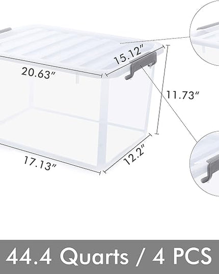 Citylife 44.4 QT Plastic Storage Bins with Latching Lids Stackable Storage Containers for Organizing Large Clear Storage Box for Garage, Closet, Kitchen, 4 Packs