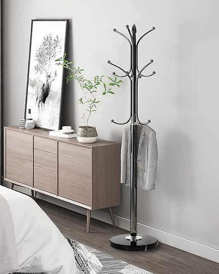 Kertnic Metal Coat Rack Stand with Natural Marble Base, Free Standing Hall Tree with 12 Hooks for Hanging Scarf, Bag, Jacket, Home Entry-way Hat Hanger Organizer (Black)