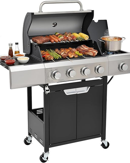 Upgraded 51,000 BTU Stainless Steel Burner Barbecue Grill, 4 Burner BBQ Propane Gas Grill with Side Burner, 452 sq.in Cooking Area with Porcelain for Patio, Camping, Outdoor Cooking