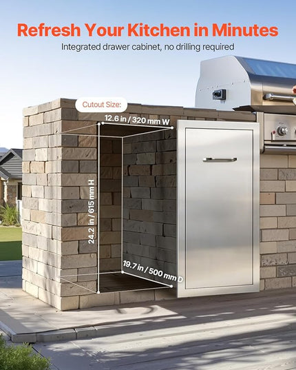 VEVOR Outdoor Kitchen Trash Drawer, 11.81" W x 19.6" D x 23.62" H Interior Storage, Multi-Purpose Outdoor Kitchen Drawers Stainless Steel, 55 lbs Max Capacity per Tier, for Outdoor BBQ Island Kitchen