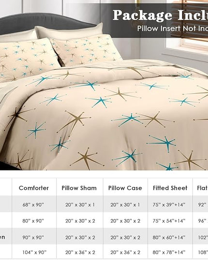 Comforter Set Twin Size, Mid Century Vintage Atomic 5 Pcs Bedding for Kids and Adults, Retro Geometric Science Bed Sheet Sets with Fitted Sheet Pillowcase & Sham for Bedroom Bed Decor