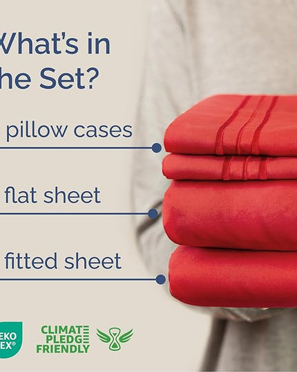 Cal King Size 4 Piece Sheet Set - Comfy Breathable & Cooling Bed Sheets Set - Hotel Luxury Bedding for Women, Men, Kids, Teens, Boys & Girls - Deep Pockets, Ultra-Soft, Wrinkle Free - Oeko-Tex - Red