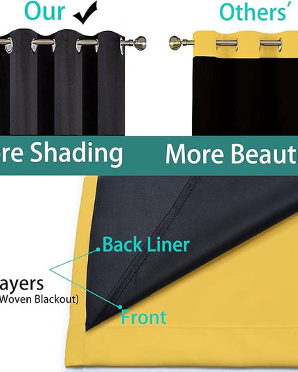 Yakamok Thermal Insulated 100% Blackout Curtains for Bedroom, Double Layer Full Room Darkening Noise Reducing Grommet Curtains, Heat Blocking Drapes for Living Room(52Wx63L, Mustard Yellow, 2 Panels)
