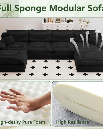 136" Cloud Couch Modular Sectional Sofa for Living Room, U-Shape Boneless Couch with Deep Seat, Modern Corduroy 4-Seater with Ottoman, No Assembly Required (Black,Right-Facing Chaise)