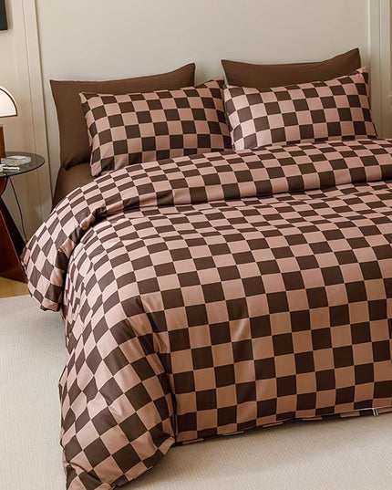 CLOTHKNOW Dark Brown Plaid Queen Comforter Set Grid Bedding Comforter Sets Soft Checkerboard Comforter Geometric Comforter with 2 x Pillow Cases