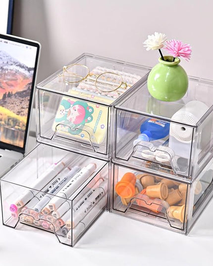 6 Pack Stackable Makeup Organizer, 4.4'' Tall Acrylic Bathroom Makeup Organizer and Storage Drawer with Pull-out Handle, Clear Plastic Storage Bins for Vanity,Pantry,Desk,Undersink,Kitchen