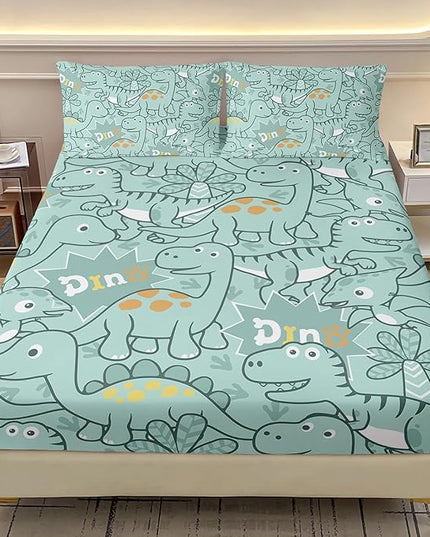AILONEN Cartoon Dinosaur Fitted Sheet Set Twin XL Size, Kawaii Blue Dinosaur Printed Bedding Set for Kids,Boys,Cute Animal Bedsheets Set,3-Piece, 1 Fitted Sheet and 2 Pillowcases