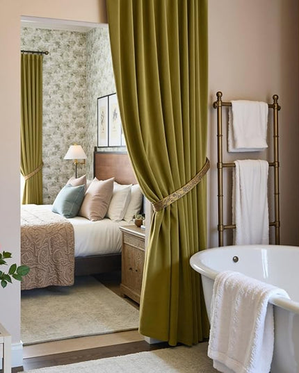 Lazzzy Velvet Blackout Curtains Thermal Insulated Room Window Drapes Super Soft Luxury Curtains for Living Room Bedroom Rod Pocket 2 Panels, Golden Olive, 52" W x 90" L