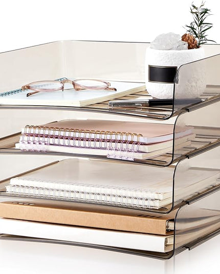 Harloon 4 Tier Acrylic Paper Tray 13 x 9.8 x 3 Inches Stackable Letter Clear Organizer No Need to Assemble Acrylic Paper Organizer File Tray for Office Workspace Desktop Storage (Transparent Gray)