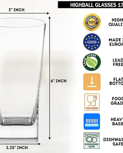 Highball Glasses [Set of 4] + 4 Stainless Steel Straws, 16 oz Lead-Free Crystal Clear Glass, Elegant Drinking Cups for Water, Wine, Beer, Cocktails and Mixed Drinks - Round Top, Square Bottom