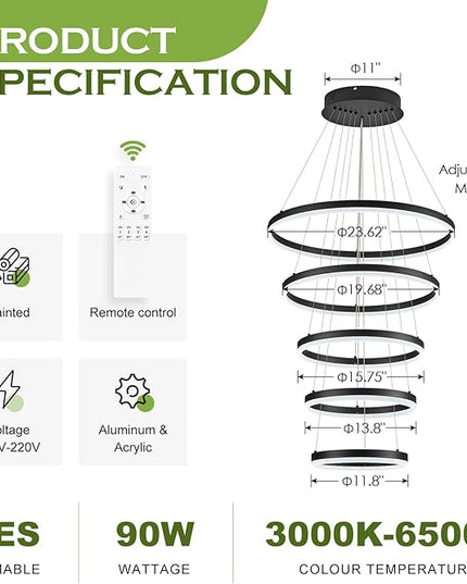 5-Rings Modern LED Chandelier Black High Ceiling Chandelier with Remote Control Dimmable Pendant Lighting for Dining Room Foyer Living Room Entryway Staircase(3000K-6500K, D23.6’’)