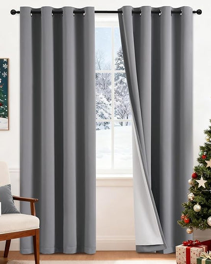 Yakamok Grey Room Darkening 100% Blackout Curtains Grommet Window Treatments with 2 Thick Layers-Gray Thermal Insulated Drapes Set of 2 Panels for Bedroom Living Room 52 Inches by 84 Inches Length
