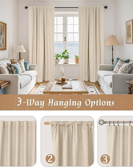 LAMIT 100% Blackout Linen Curtains, 63 Inches Linen Textured Thermal Bedroom Curtains Back Tab and Rod Pocket Neutral Panels with White Liner for Farmhouse, 2 Panels, 38 x 63 Inch