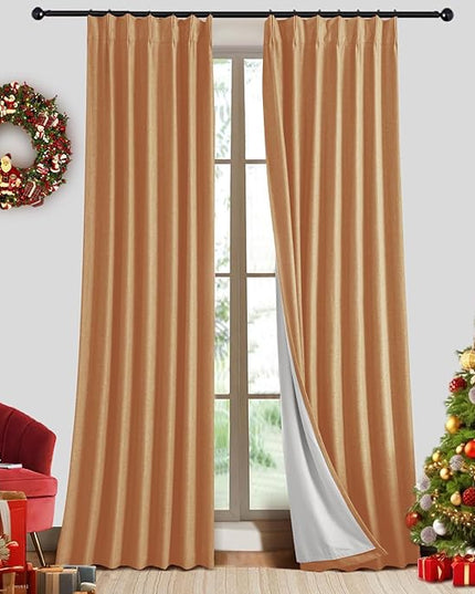 IVAPUPU Linen Pinch Pleated Blackout Curtains for Bedroom - Full Black Out Gold Curtains 90 Inch 2 Panels Set for Living Room Darkening Thermal Window Curtain Drapes with 16pc Hooks