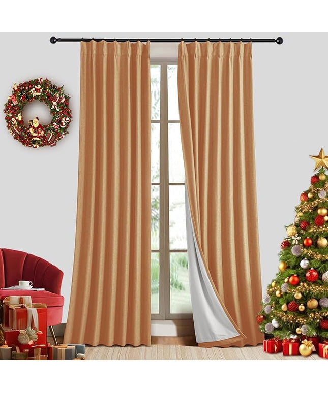 IVAPUPU Linen Pinch Pleated Full Blackout Curtains for Bedroom - 2 Pages Black Out Gold Curtains 84 Inch Long 2 Panel for Living Room Darkening Thermal Window Curtain Drapes with 16pc Hooks