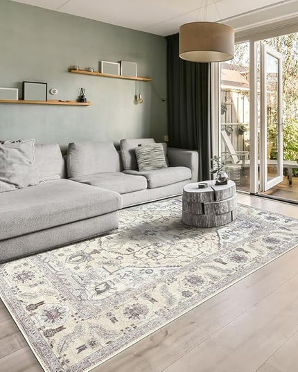GLN Rugs Bohemian Collection - Machine Washable Area Rug, Bohemian Vintage, Non Slip, Low Pile Chenille Rug, Living Room, Bedroom, Bathroom Rug (3'x5' Beige and Gray)