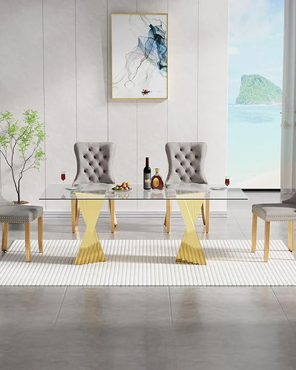 5 Piece Glass Dining Table Set,70" Dinner Room Glass Table Set for 4,Modern Kitchen Dinner Table Set with Stainless Steel Base and 4 Upholstered Velvet Dining Chairs for Living Dining Room