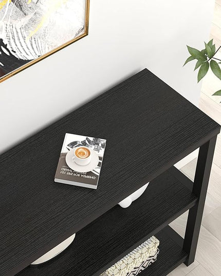 FOLUBAN Entryway Table, Modern Sofa Console Table with 3 Tier Storage Shelf for Living Room Hallway Foyer, Industrial Black Oak