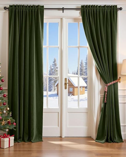 Lazzzy Velvet Blackout Curtains Thermal Insulated Room Window Drapes Super Soft Luxury Curtains for Living Room Bedroom Rod Pocket 2 Panels, Moss, 52" W x 102" L