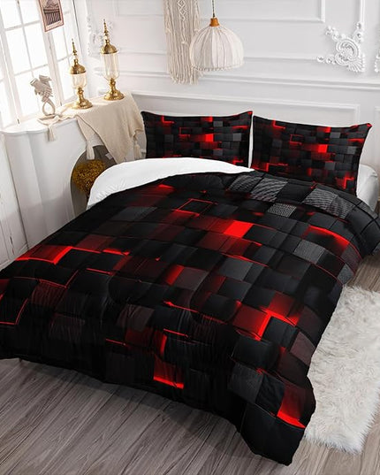 Geometric Red Black Comforter Set,Light Honeycomb 3 Piece Bedding Set King Size for Teen Boys,Modern Bedding Quilt Set Geometry Decor,Microfiber Lightweight 1 Comforter 2 Pillowcases All Season