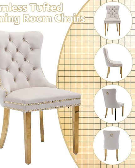 Henf 7-Piece Glass Dining Table Set with 6 Upholstered Dining Chairs, Large Gold Dining Table and Chair Set for 6, Modern Kitchen Table Furniture for Dining Room, Stainless Steel Base and Glass Top