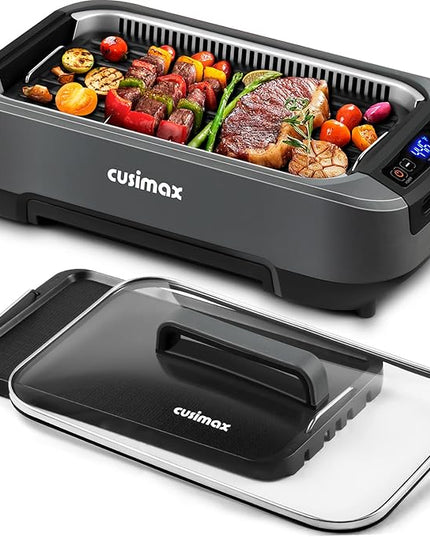 CUSIMAX Smokeless Grill, Electric Indoor Grill, 1500W Korean BBQ Grill with Non-stick Removable Grill/Griddle Plate, LED Smart Display & Tempered Glass Lid, Grey