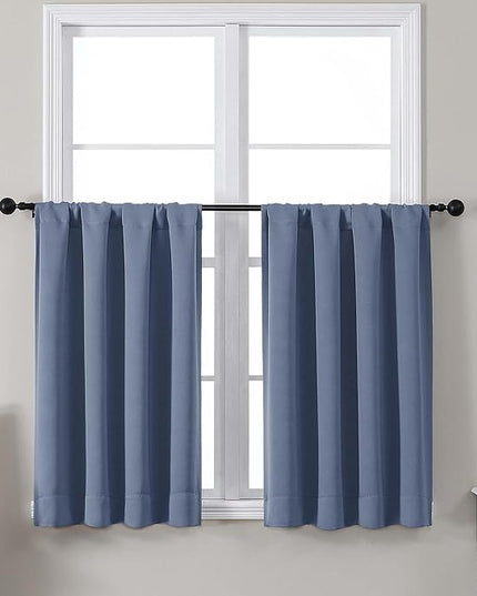 Gwine Short Blackout Curtains 36 Inches Long, Small Curtains Over Sink, Thermal Insulated Room Darkening Drapes for Bathroom Basement Patio Cabinet, 2 PCS, Each 40" Wx36 L, Denim Blue