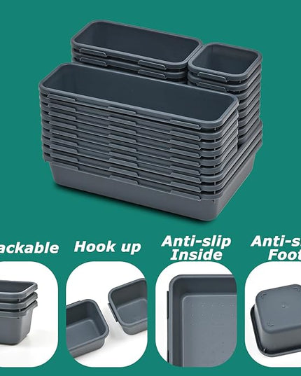 BOPART 25PCS Drawer Organizer Set, Interlockting Desk Drawer Storage Bins Trays for Organizing Cosmetics Jewelries or Gadgets at Office, Bathroom Vanity or Garage Junk Drawer Organization